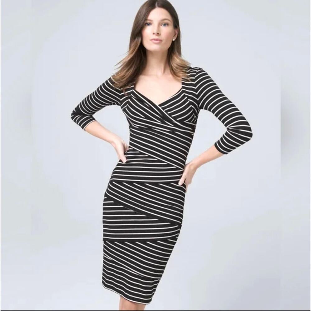 White House Black Market Striped Wrap Sheath Dress 12 Slimming Bodycon Cocktail